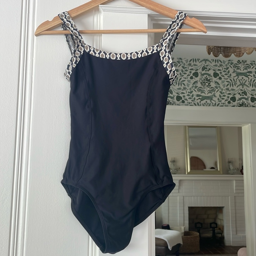 Women’s Wear Moi black leotard with gold and white trim XS